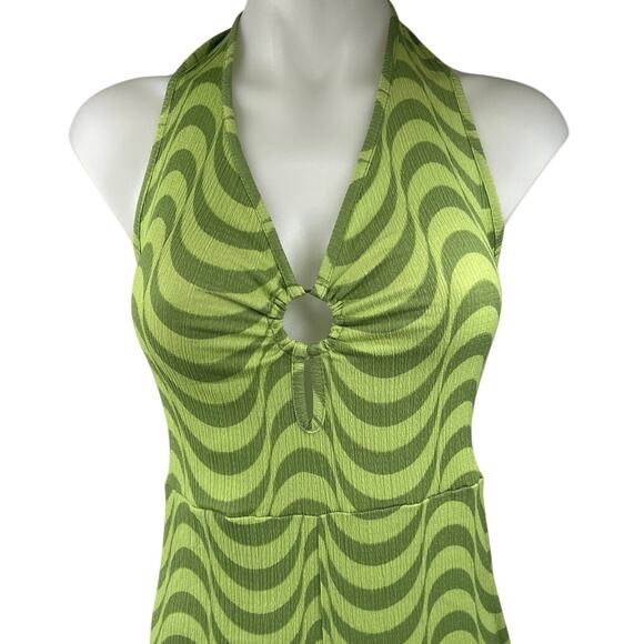 Wednesday's Girl Green Halter Retro Sleeveless Striped Flare Jumpsuit Size S - Picture 6 of 8